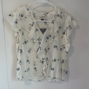 Universal Thread Floral Ruffle Blouse - Cream and Blue